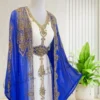 Royal blue and white Moroccan kaftan with gold embroidery, luxury Arabian gown for weddings and special occasions (2)