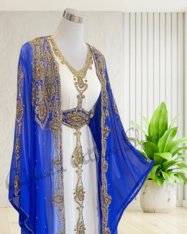 Royal blue and white Moroccan kaftan with gold embroidery, luxury Arabian gown for weddings and special occasions (2)