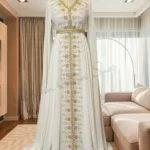 Stunning White Moroccan Kaftan Farasha Abaya with Gold Embroidery