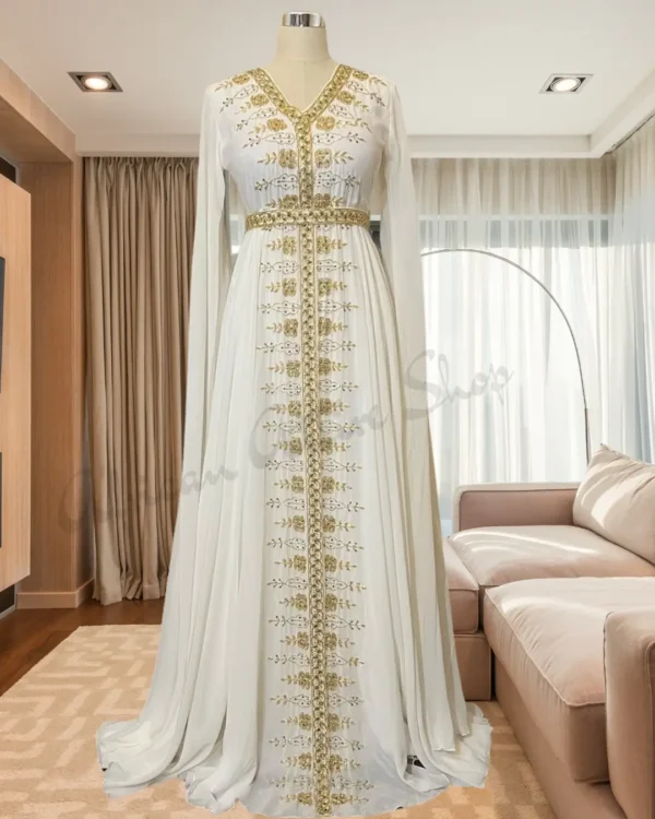 Stunning White Moroccan Kaftan Farasha Abaya with Gold Embroidery