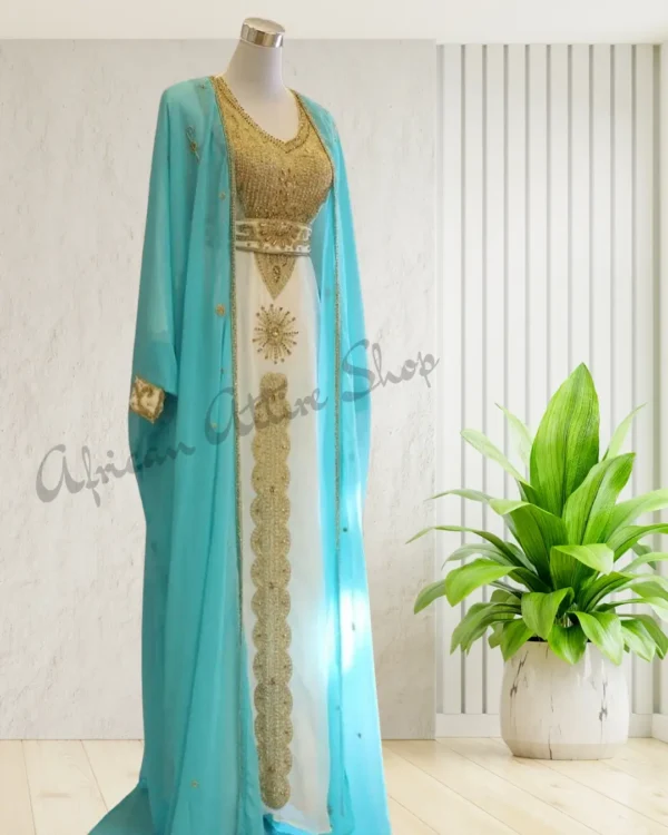 Turquoise blue Moroccan kaftan with gold embroidery, elegant Arabian gown for weddings and formal events (1)