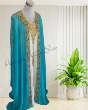Turquoise blue Moroccan kaftan with gold embroidery, luxury Arabian dress for weddings and special occasions (1)
