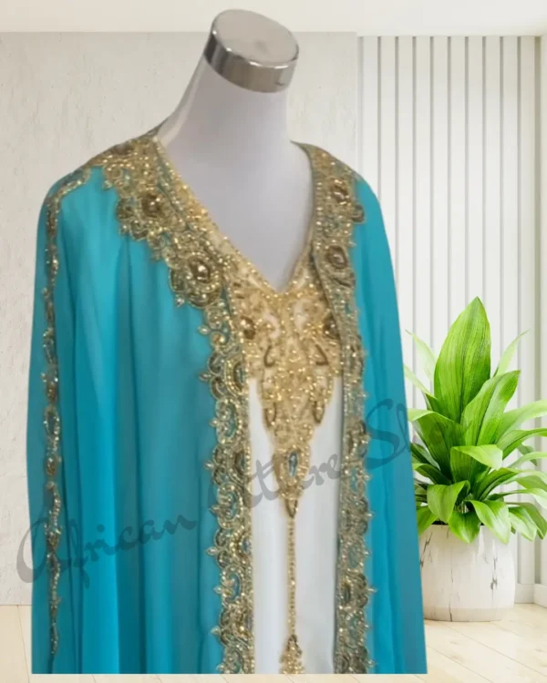 Turquoise blue Moroccan kaftan with gold embroidery, luxury Arabian dress for weddings and special occasions (2)