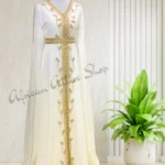 White Moroccan kaftan with gold embroidery, elegant Arabian gown for weddings and formal events (1)