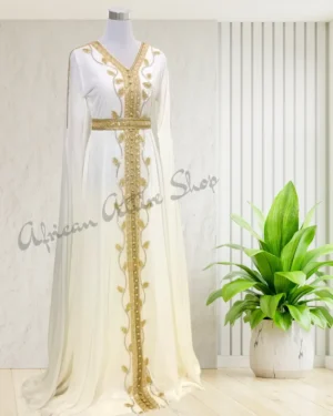 White Moroccan kaftan with gold embroidery, elegant Arabian gown for weddings and formal events (1)