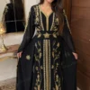 Black Moroccan kaftan dress with gold embroidery and flowing sheer sleeves (3)