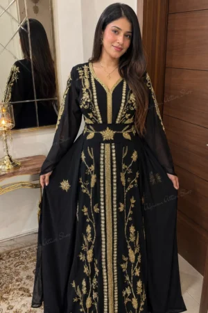 Black Moroccan kaftan dress with gold embroidery and flowing sheer sleeves (3)