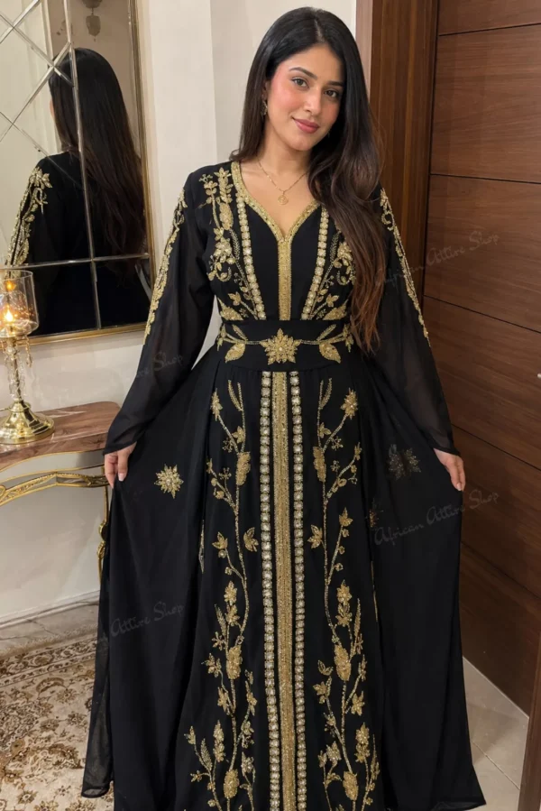 Black Moroccan kaftan dress with gold embroidery and flowing sheer sleeves (3)