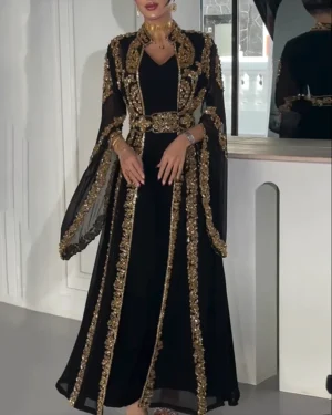 Luxury Black & Gold Hand Embellished Moroccan Kaftan (1)