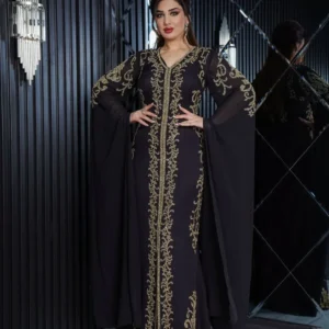 Luxury Black Kaftan Dress with Gold Embroidery – Moroccan Style Evening Gown for Women (1)