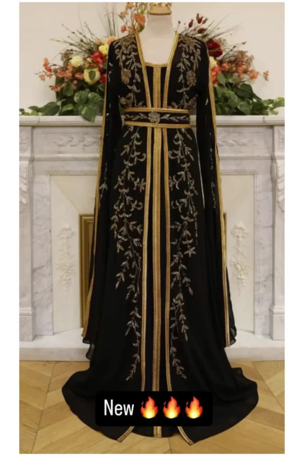 New Black & Gold Floral Embroidered Kaftan – Handmade Moroccan Style Gown for Women (1)