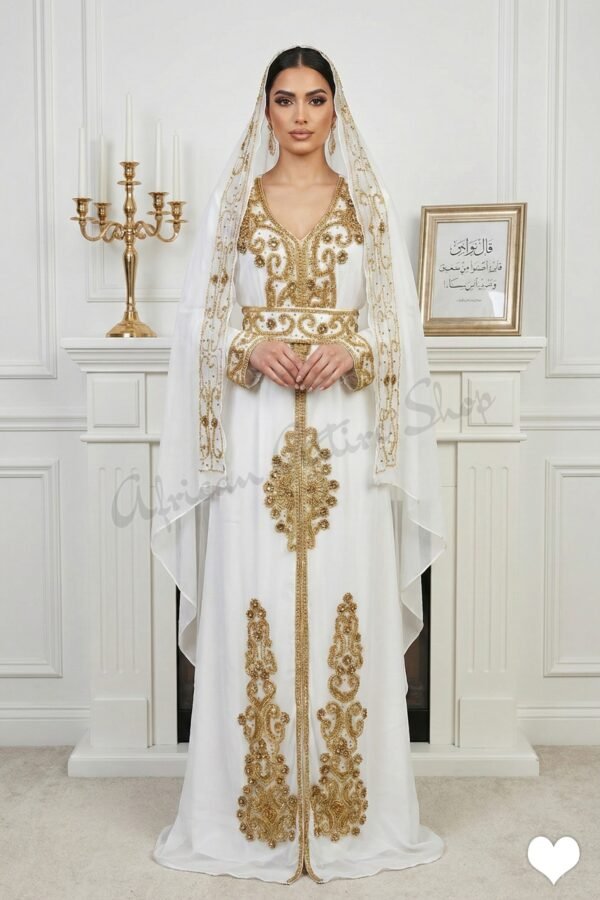 White and gold Moroccan bridal kaftan with veil cape luxury hand-embroidered Nikkah wedding dress (1)