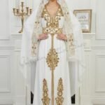 White and gold Moroccan bridal kaftan with veil cape luxury hand-embroidered Nikkah wedding dress (2)