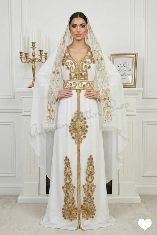 White and gold Moroccan bridal kaftan with veil cape luxury hand-embroidered Nikkah wedding dress (2)
