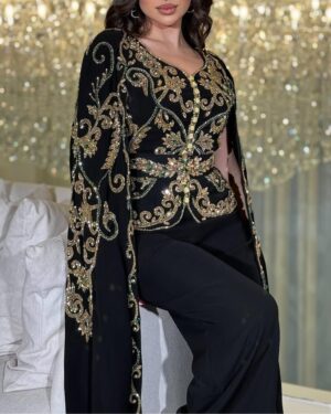 Black Moroccan Kaftan Jacket with Gold Embroidery and Pants for Eid or Wedding (2)