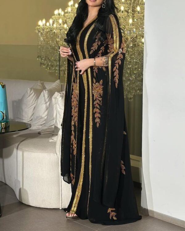 Black Moroccan Kaftan with Gold Leaf Embroidery (3)