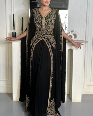 Black and Gold Luxury Moroccan Kaftan Dress with Sheer Sleeves (1)