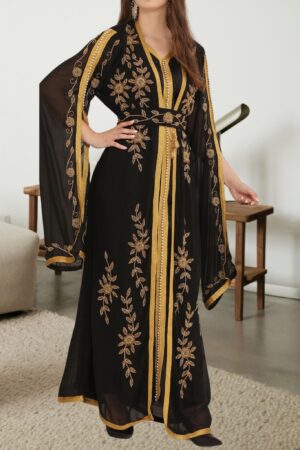 Black and Gold Takchita Moroccan Caftan Dress with Hand Beaded Floral Embroidery – Georgette Fabric (1)