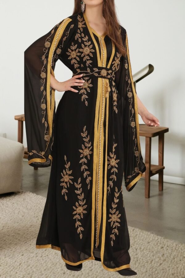 Black and Gold Takchita Moroccan Caftan Dress with Hand Beaded Floral Embroidery – Georgette Fabric (1)