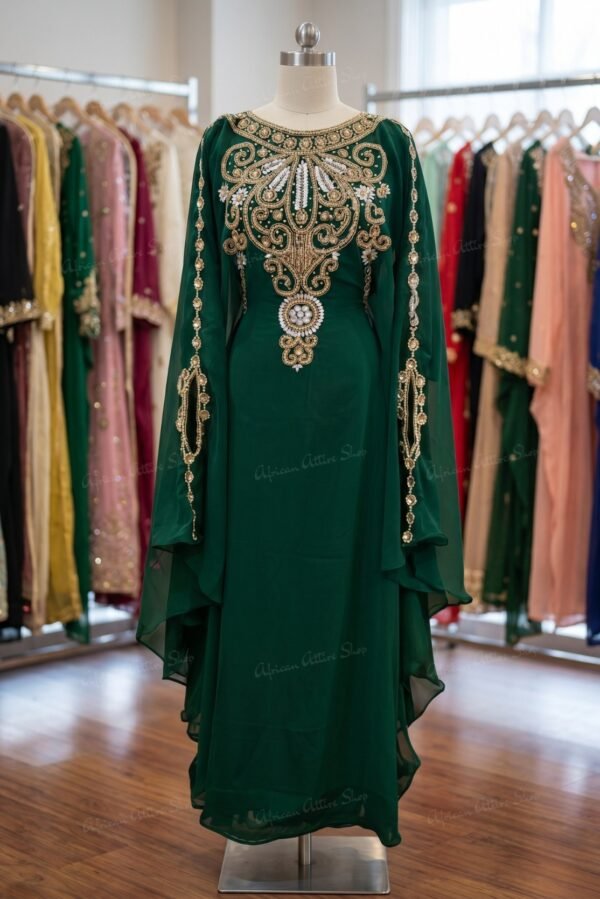 SALE Dark Green Kaftan Dress Farasha Abaya with Heavy Gold Embroidery and Beaded Sleeves