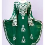 Green Kaftan Dress with White Floral Aari Embroidery, Modest Muslim Women’s Outfit (1)