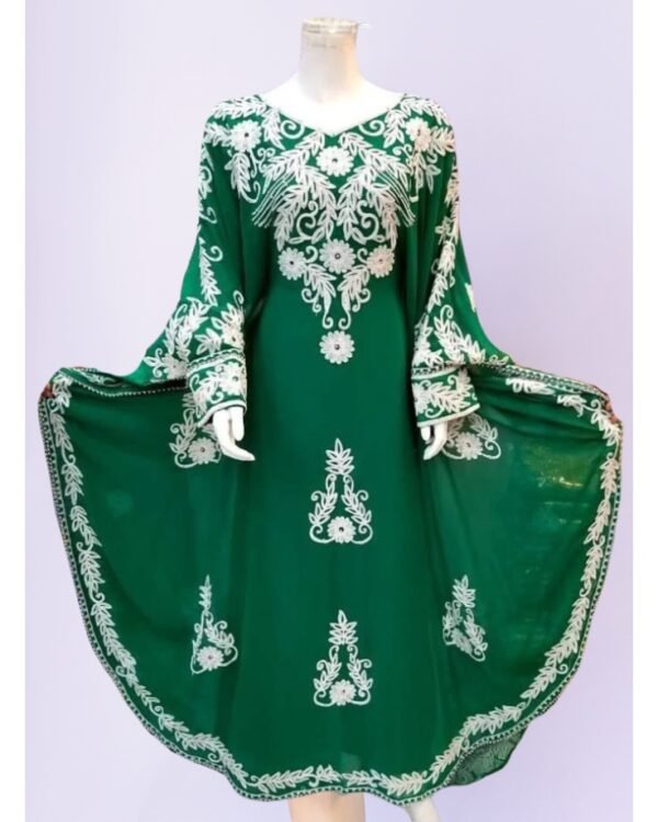 Green Kaftan Dress with White Floral Aari Embroidery, Modest Muslim Women’s Outfit (1)