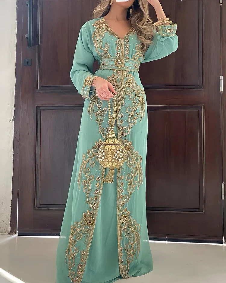 Buy SALE Light Green Gold Embroidered Moroccan Kaftan Dress with