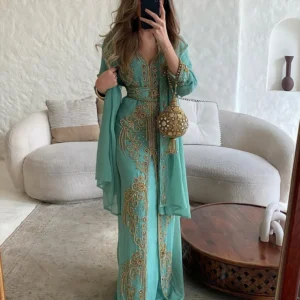 Green Moroccan Kaftan Dress with Gold Embroidery and Belt – Eid and Wedding Wear (1)