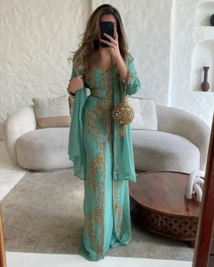 Green Moroccan Kaftan Dress with Gold Embroidery and Belt – Eid and Wedding Wear (1)