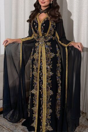 Luxury Black Moroccan Kaftan Dress with Gold Embroidery Handmade Designer Caftan for Wedding Henna Party Nikkah Eid Reception and Evening Wear (1)