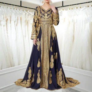 SALE! Royal Navy Blue Traditional Moroccan Caftan Bridal Wedding Gown  Takchita with Golden Embroidery and Train  3 Piece Set - African Attire  Shop