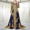 Navy Blue Traditional Moroccan Wedding Caftan with Gold Embroidery and Train – Bridal Gown Takchita