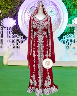Red Nikah Moroccan Kaftan Abaya with Silver Hand Embroidery and Hooded Cape (1)