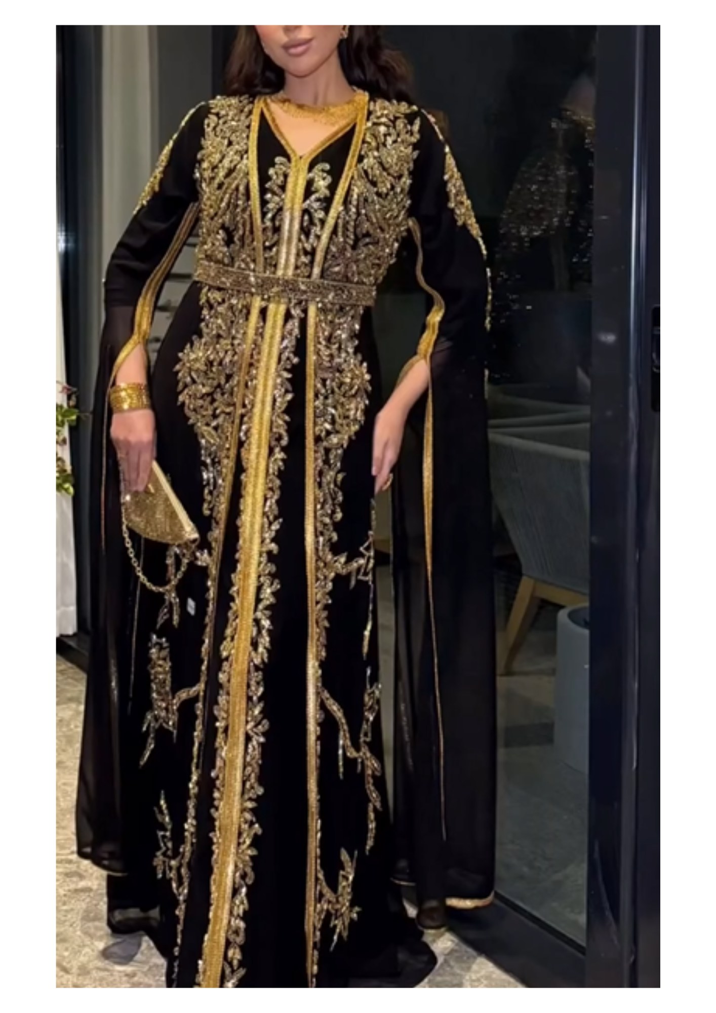 slim fit dress slacks Luxury Black Blooming Embellished Cape