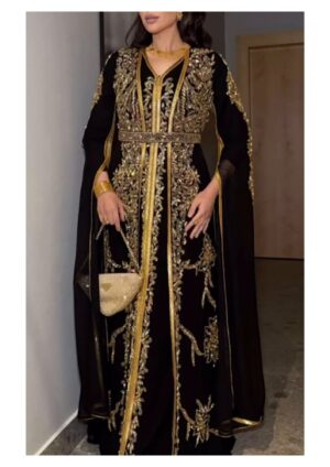 Royal Black & Gold Moroccan Kaftan – Hand Embroidered, Belted, Cape Sleeves – Sale! (2)
