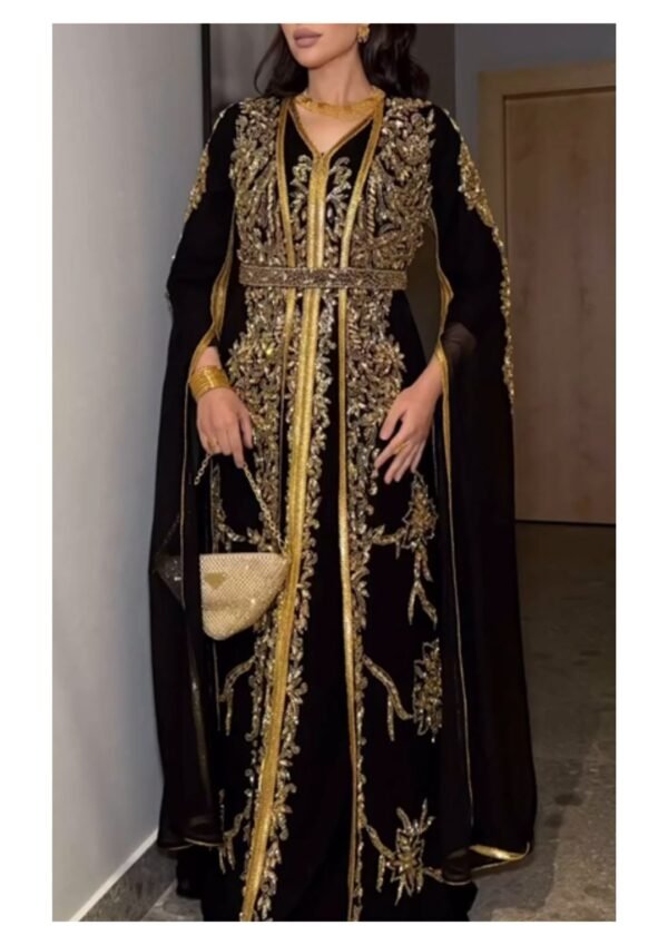 Royal Black & Gold Moroccan Kaftan – Hand Embroidered, Belted, Cape Sleeves – Sale! (2)