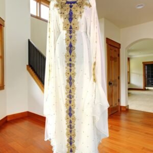 White Moroccan Kaftan Dress with Blue and Gold Hand Embroidery for Eid or Wedding (1)