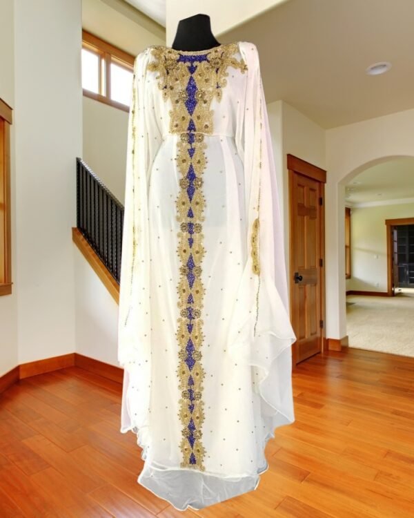 White Moroccan Kaftan Dress with Blue and Gold Hand Embroidery for Eid or Wedding (1)