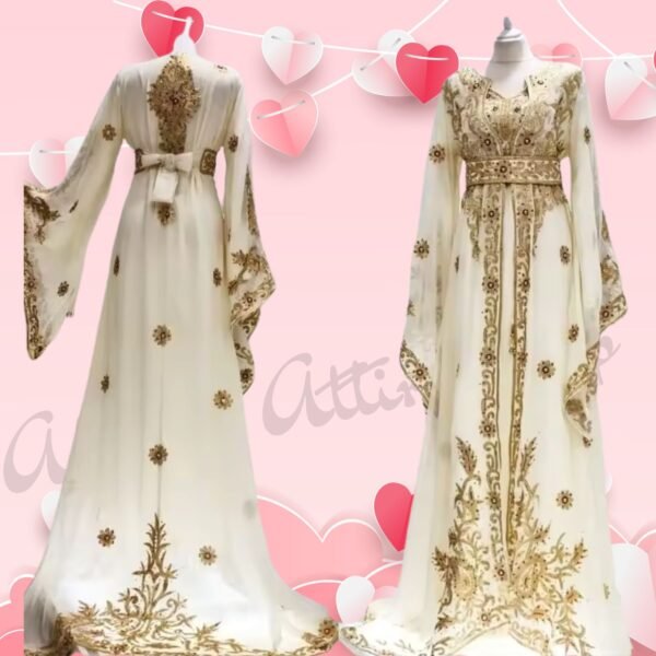 White Moroccan Kaftan with Golden Aari Hand Embroidery (1)
