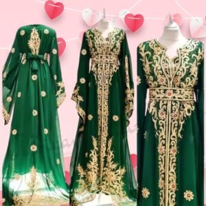 Green Moroccan Kaftan with Golden Aari Hand Embroidery (2)