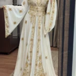 White and gold embroidered Moroccan kaftan wedding dress (1)