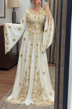 White and gold embroidered Moroccan kaftan wedding dress (1)
