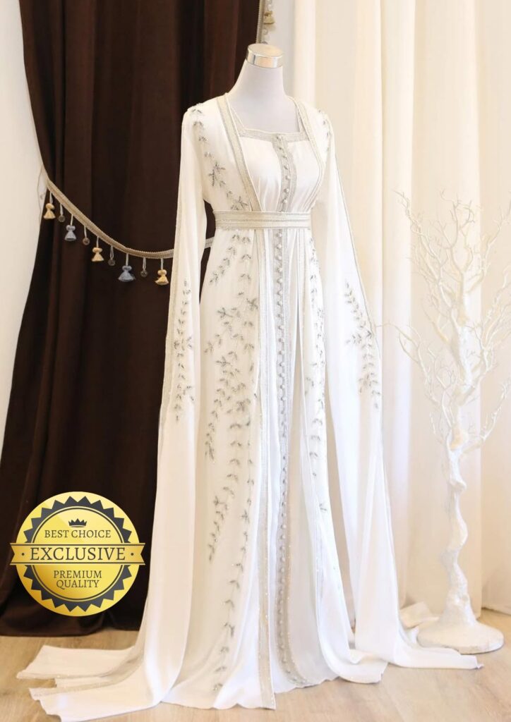 Buy SALE White & Silver Embroidered Moroccan Bridal Kaftan  Elegant Nikah  & Engagement Dress with Belt - African Attire Shop