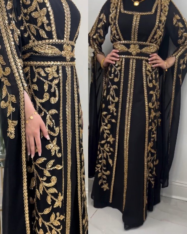Black Moroccan Kaftan Dress with Gold Floral Embroidery and Belt – Eid and Wedding Outfit (1)