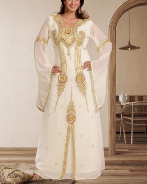 Cream moroccan kaftan dress with gold embroidery bridal and eid abaya style gown (1)