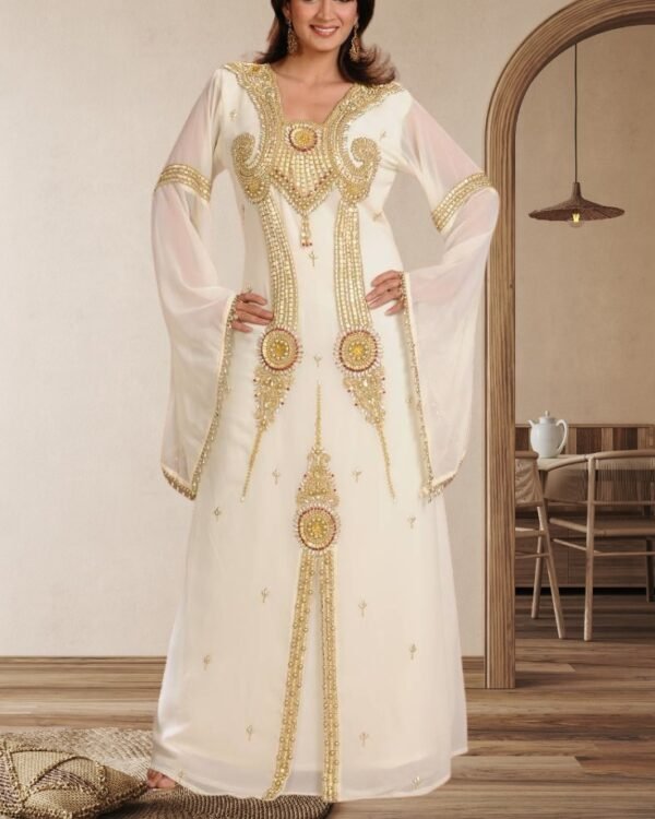 Cream moroccan kaftan dress with gold embroidery bridal and eid abaya style gown (1)