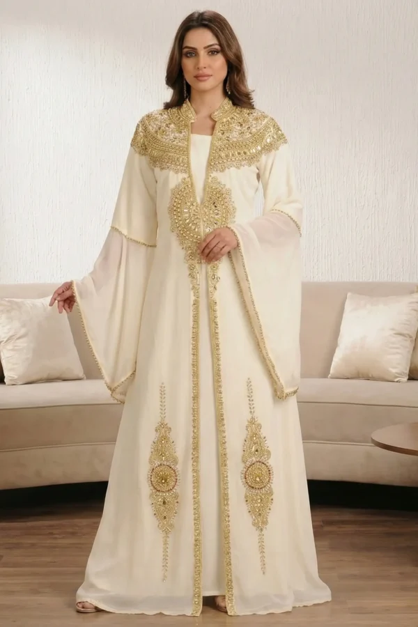 Cream moroccan kaftan dress with gold embroidery bridal and eid abaya style gown (1)