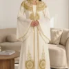 White Moroccan Kaftan Dress with Gold Embroidery Bridal and Eid Abaya Style Gown (1)