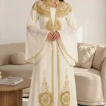 White Moroccan Kaftan Dress with Gold Embroidery Bridal and Eid Abaya Style Gown (1)