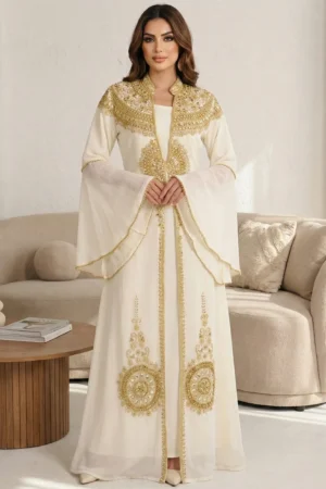 White Moroccan Kaftan Dress with Gold Embroidery Bridal and Eid Abaya Style Gown (1)